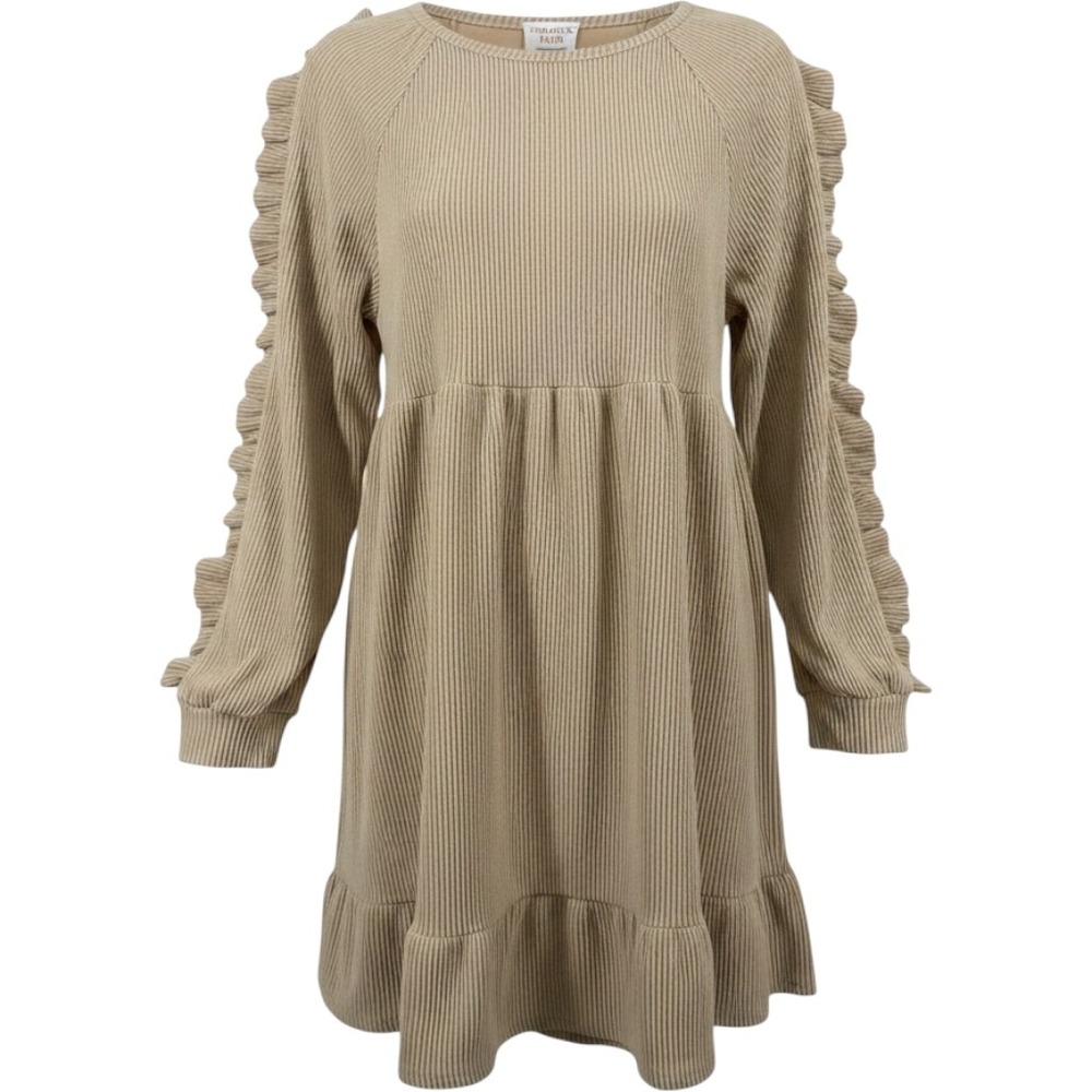 Fantastic Fawn Oversized Small Babydoll Dress Tan Ruffle Ribbed Knit Long Sleeve